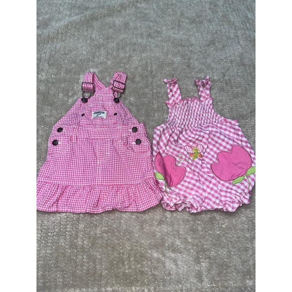 Pink gingham bundle overall dress and bumble romper